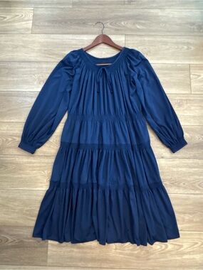 Alfred Werber Navy Blue Tiered Peasant Dress Boho Long Sleeve Size XL